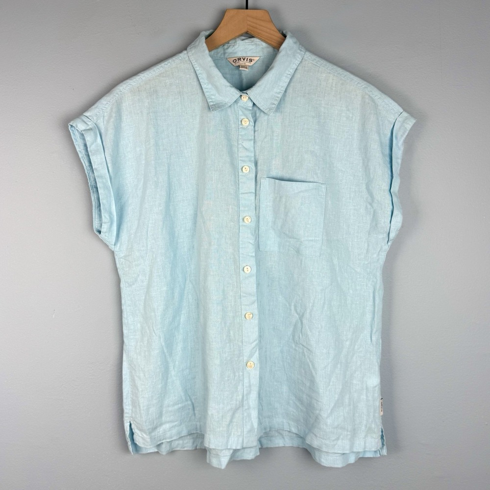 Orvis Women's Size Small Blue Linen Blend‎ Short Sleeve Button Shirt Minimalist